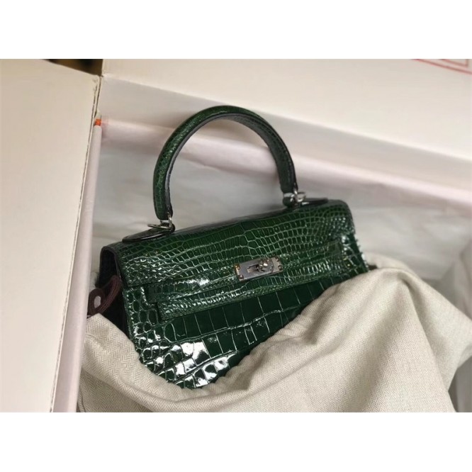 【0111更新】HERMES エルメス Kelly ケリー クロコ グリーン シルバー金具 MiniKelly ミニケリー 19cm/20cm/25cm/28cm