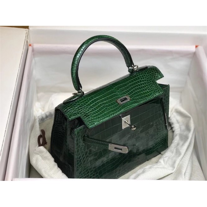 【0111更新】HERMES エルメス Kelly ケリー クロコ グリーン シルバー金具 MiniKelly ミニケリー 19cm/20cm/25cm/28cm