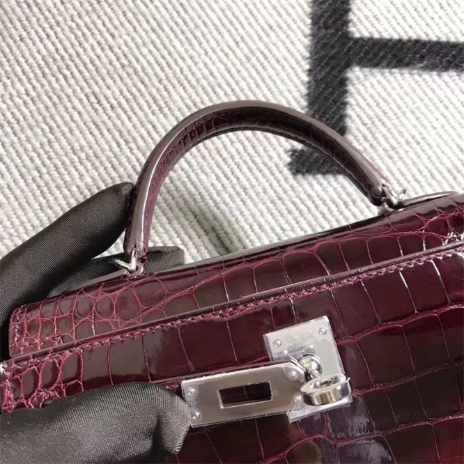 【0111更新】HERMES エルメス Kelly ケリー クロコ ワインレッド シルバー金具 MiniKelly ミニケリー 19cm/20cm/25cm/28cm