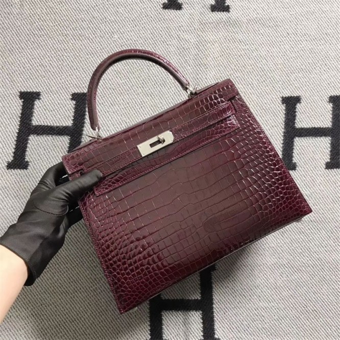 【0111更新】HERMES エルメス Kelly ケリー クロコ ワインレッド シルバー金具 MiniKelly ミニケリー 19cm/20cm/25cm/28cm
