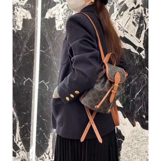 Celine・FOLCO TRIOMPHECANVASロゴプリント和牛レザーミニバックパック